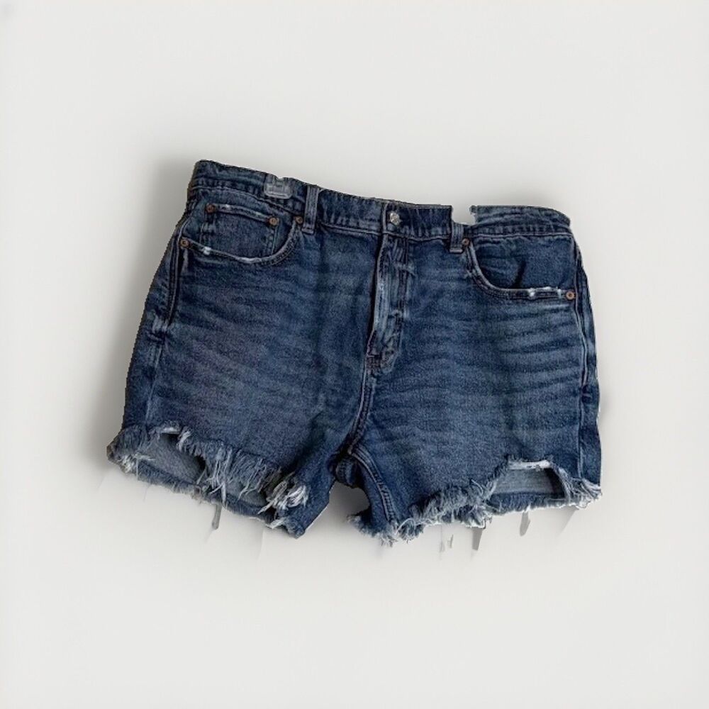 American Eagle Sz 12 Blue Denim Stretch Shorts Distressed Frayed High Rise Women